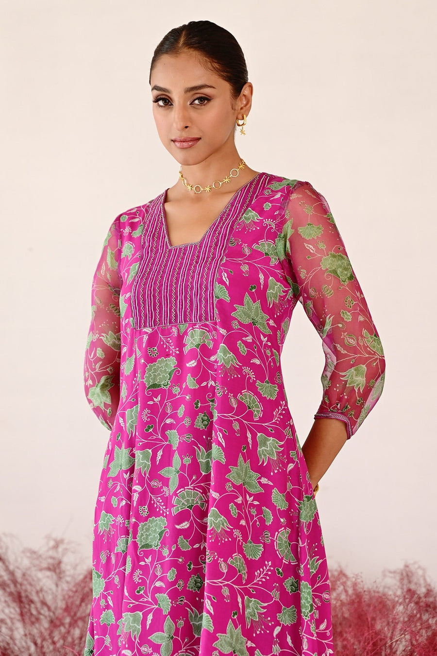 WOMEN'S GREEN AND MAGENTA CREPE & ORGANZA LEELA A-LINE KURTA SET