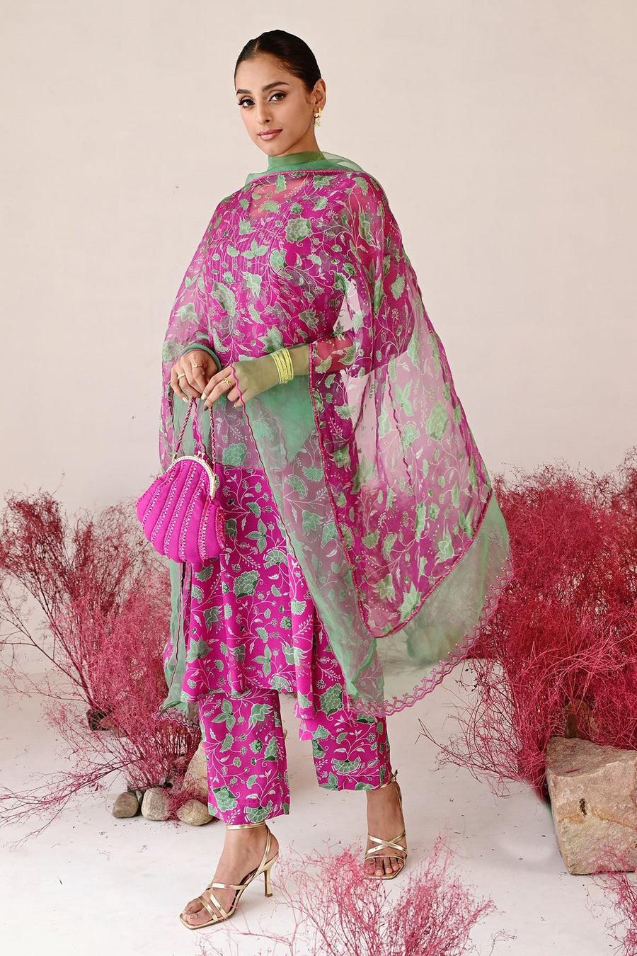 WOMEN'S GREEN AND MAGENTA CREPE & ORGANZA LEELA A-LINE KURTA SET