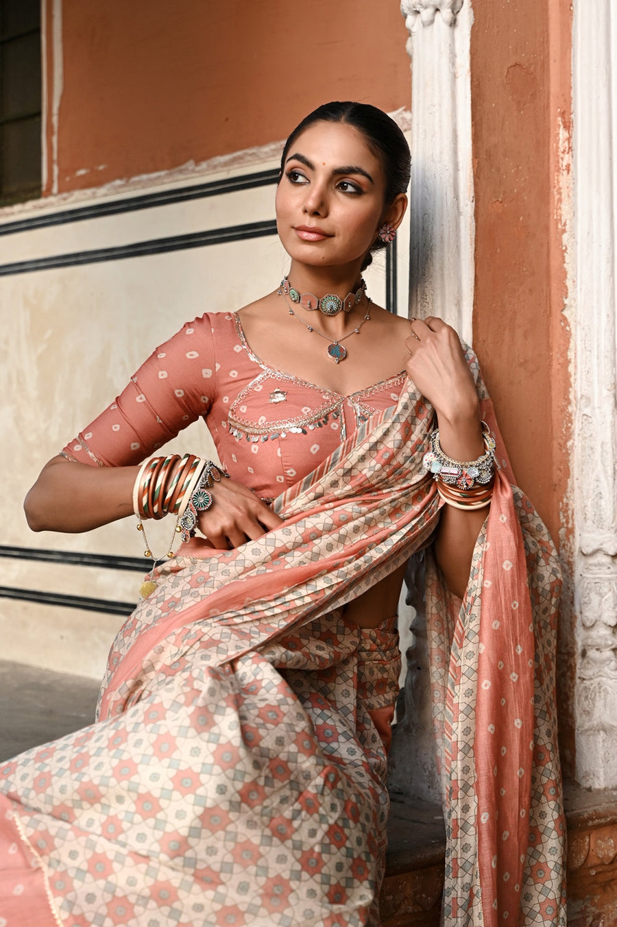 WOMEN'S MULTICOLOR CHANDERI JAL JHAROKHA SAREE SET