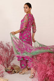 WOMEN'S GREEN AND MAGENTA CREPE & ORGANZA LEELA A-LINE KURTA SET