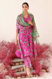 WOMEN'S GREEN AND MAGENTA CREPE & ORGANZA LEELA A-LINE KURTA SET