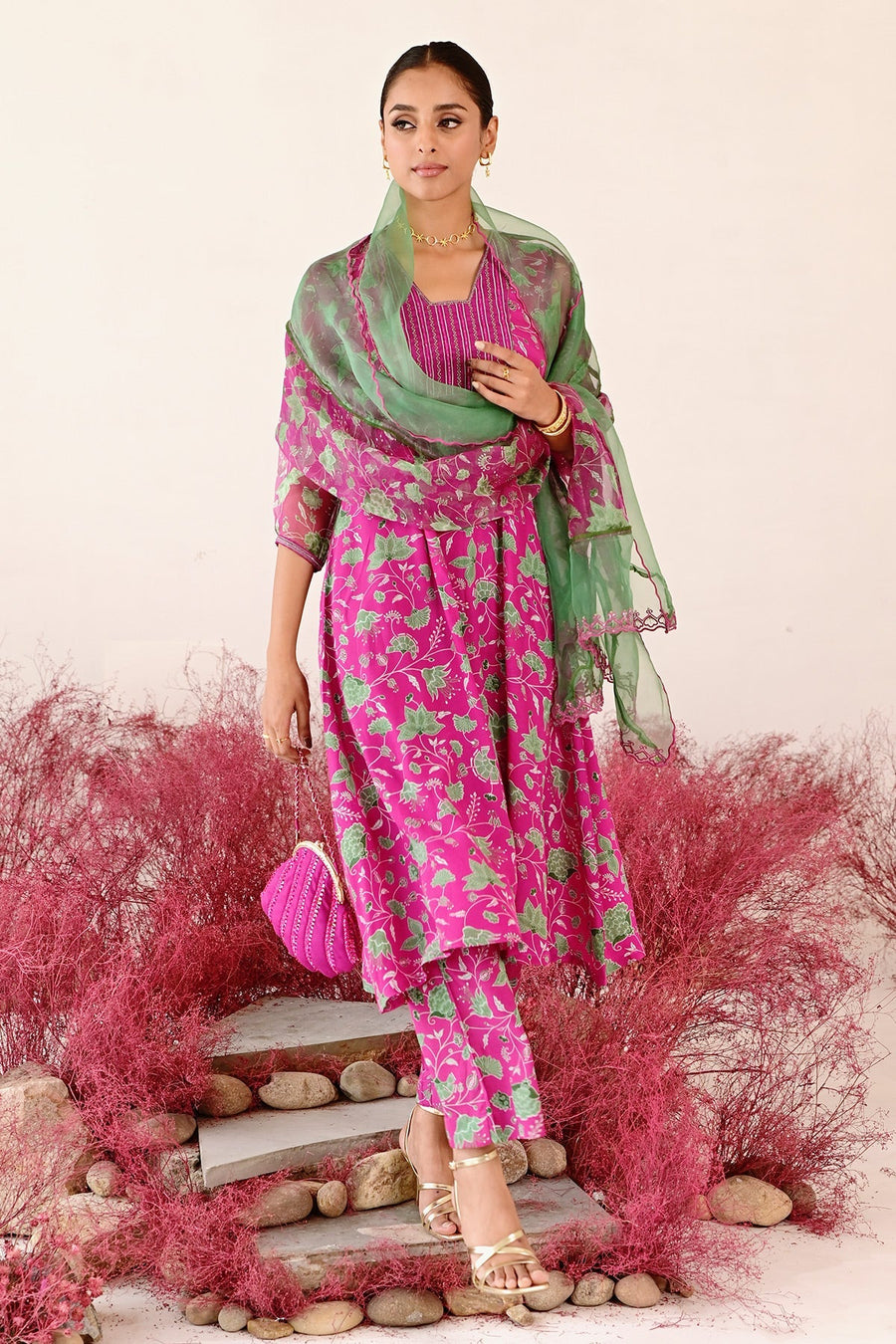 WOMEN'S GREEN AND MAGENTA CREPE & ORGANZA LEELA A-LINE KURTA SET