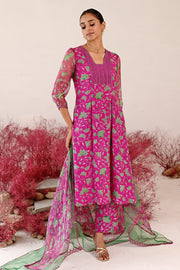 WOMEN'S GREEN AND MAGENTA CREPE & ORGANZA LEELA A-LINE KURTA SET