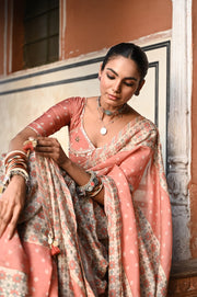 WOMEN'S MULTICOLOR CHANDERI JAL JHAROKHA SAREE SET