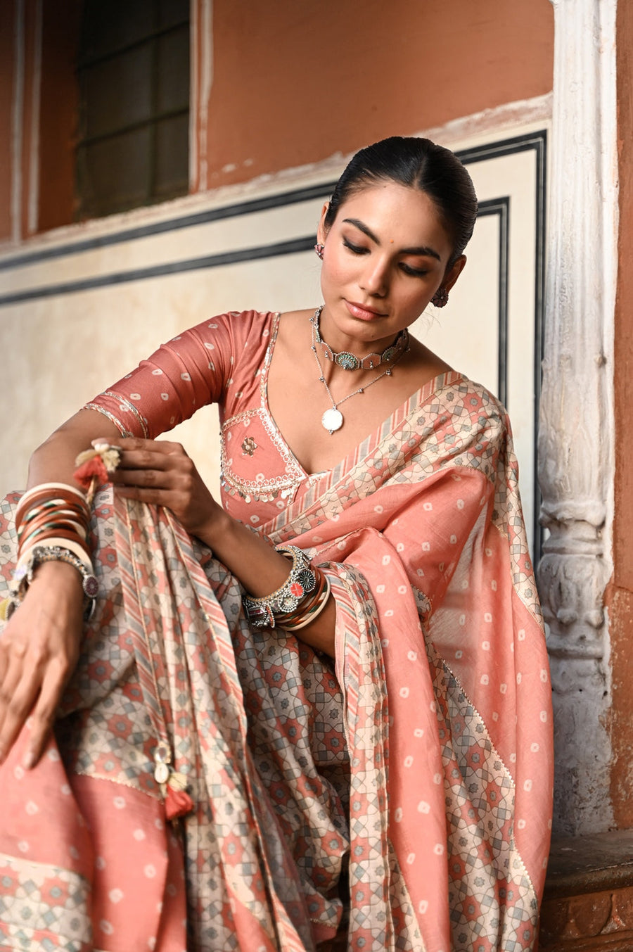 WOMEN'S MULTICOLOR CHANDERI JAL JHAROKHA SAREE SET