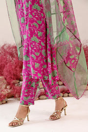 WOMEN'S GREEN AND MAGENTA CREPE & ORGANZA LEELA A-LINE KURTA SET