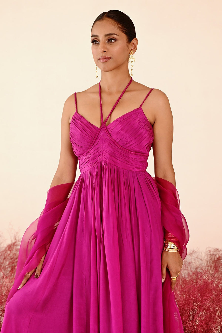 WOMEN'S MAGENTA CREPE & ORGANZA ZEENAT ANARKALI SET