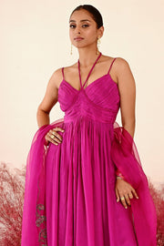 WOMEN'S MAGENTA CREPE & ORGANZA ZEENAT ANARKALI SET