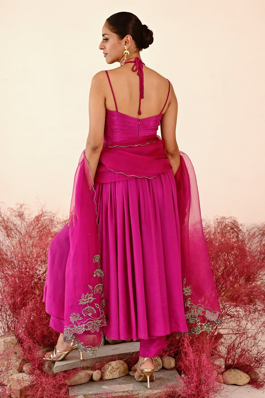 WOMEN'S MAGENTA CREPE & ORGANZA ZEENAT ANARKALI SET