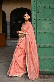 WOMEN'S ORANGE CHANDERI KESARIYA NOOR SAREE SET