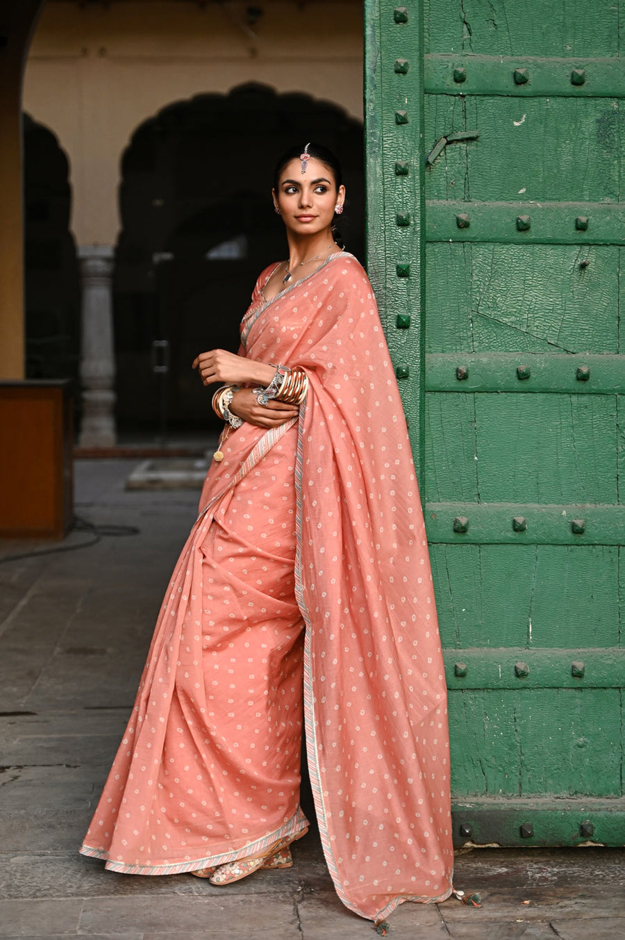 WOMEN'S ORANGE CHANDERI KESARIYA NOOR SAREE SET