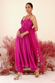 WOMEN'S MAGENTA CREPE & ORGANZA ZEENAT ANARKALI SET