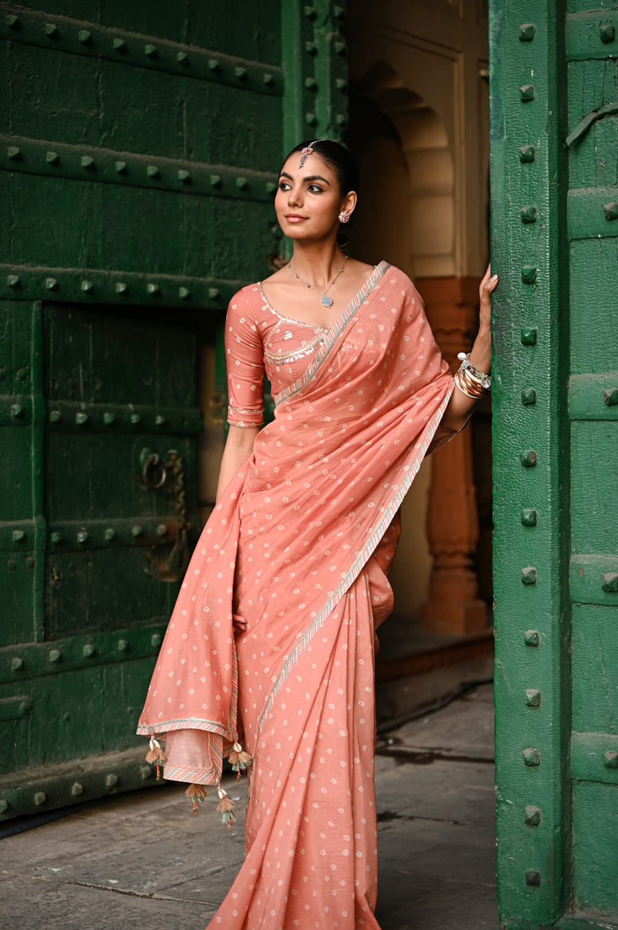 WOMEN'S ORANGE CHANDERI KESARIYA NOOR SAREE SET