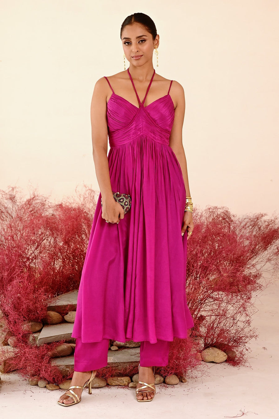 WOMEN'S MAGENTA CREPE & ORGANZA ZEENAT ANARKALI SET