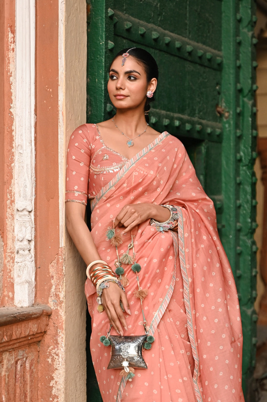 WOMEN'S ORANGE CHANDERI KESARIYA NOOR SAREE SET