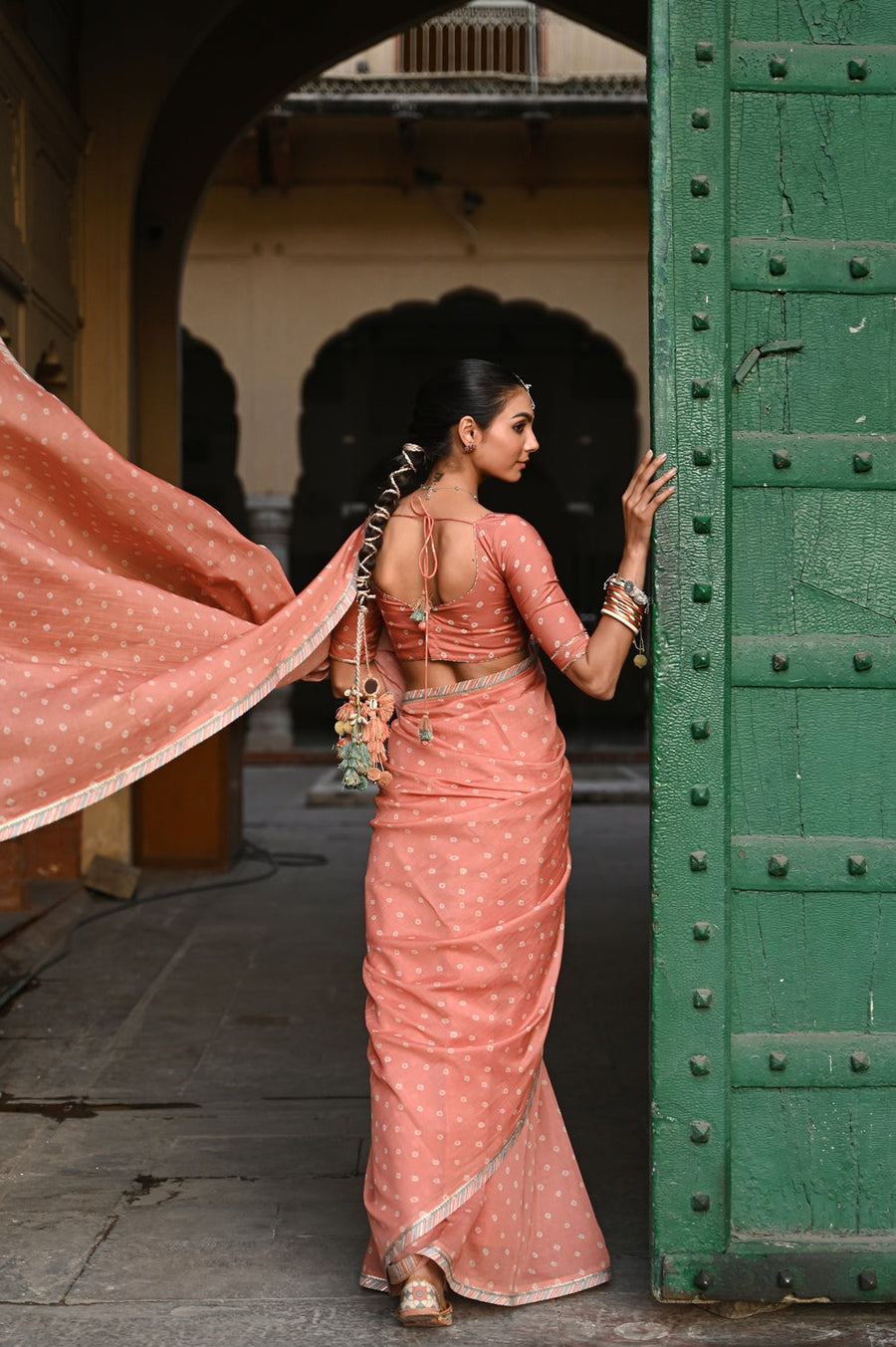 WOMEN'S ORANGE CHANDERI KESARIYA NOOR SAREE SET