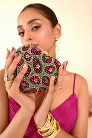 WOMEN'S GREEN, GOLD & MAGENTA METAL FRAME DILBARO CLUTCH
