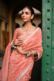 WOMEN'S ORANGE CHANDERI KESARIYA NOOR SAREE SET