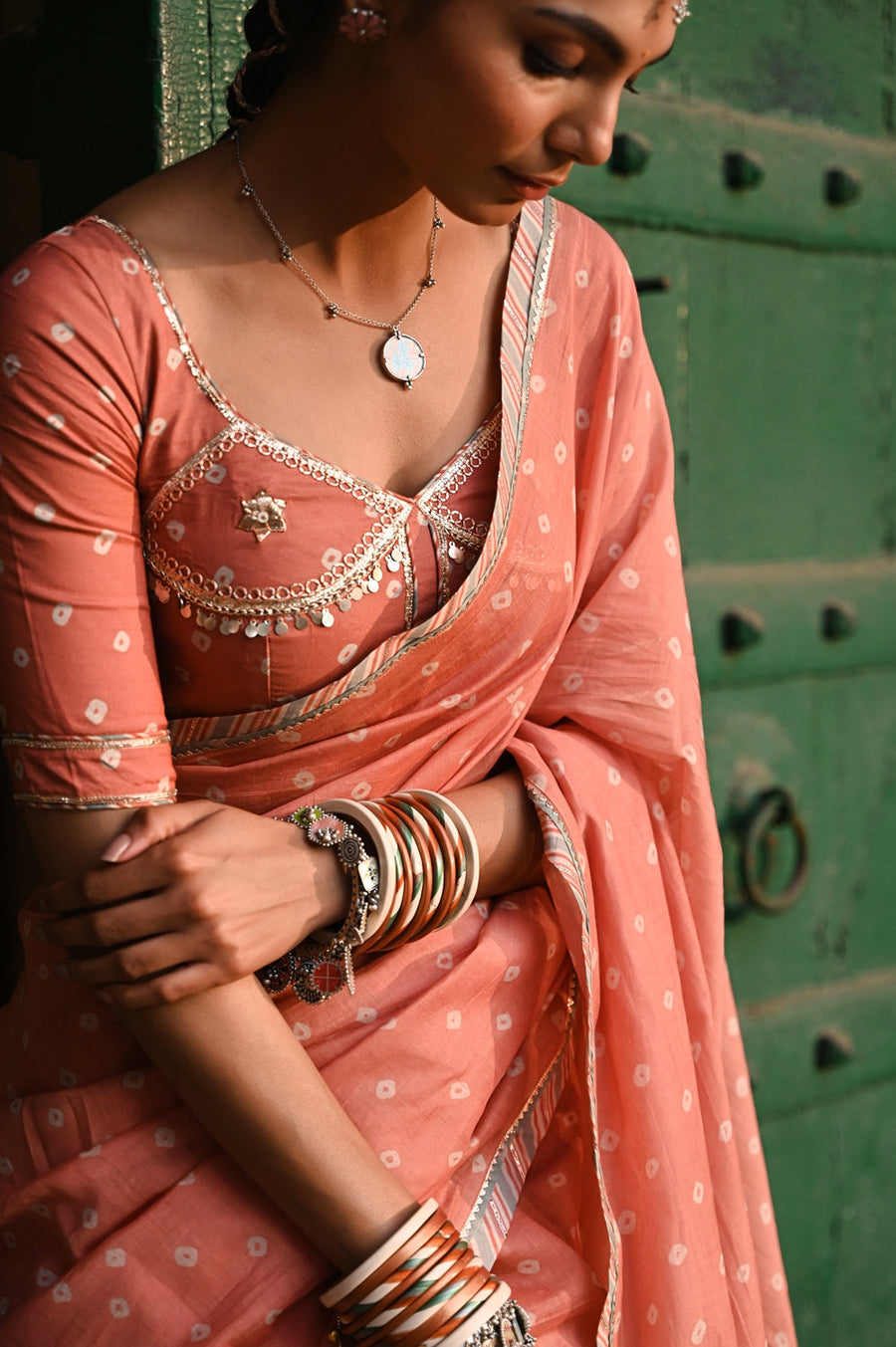 WOMEN'S ORANGE CHANDERI KESARIYA NOOR SAREE SET