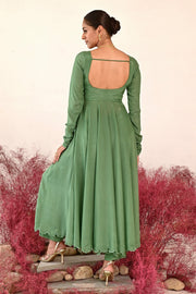 WOMEN'S GREEN CREPE & ORGANZA MANOHARI ANARKALI SET