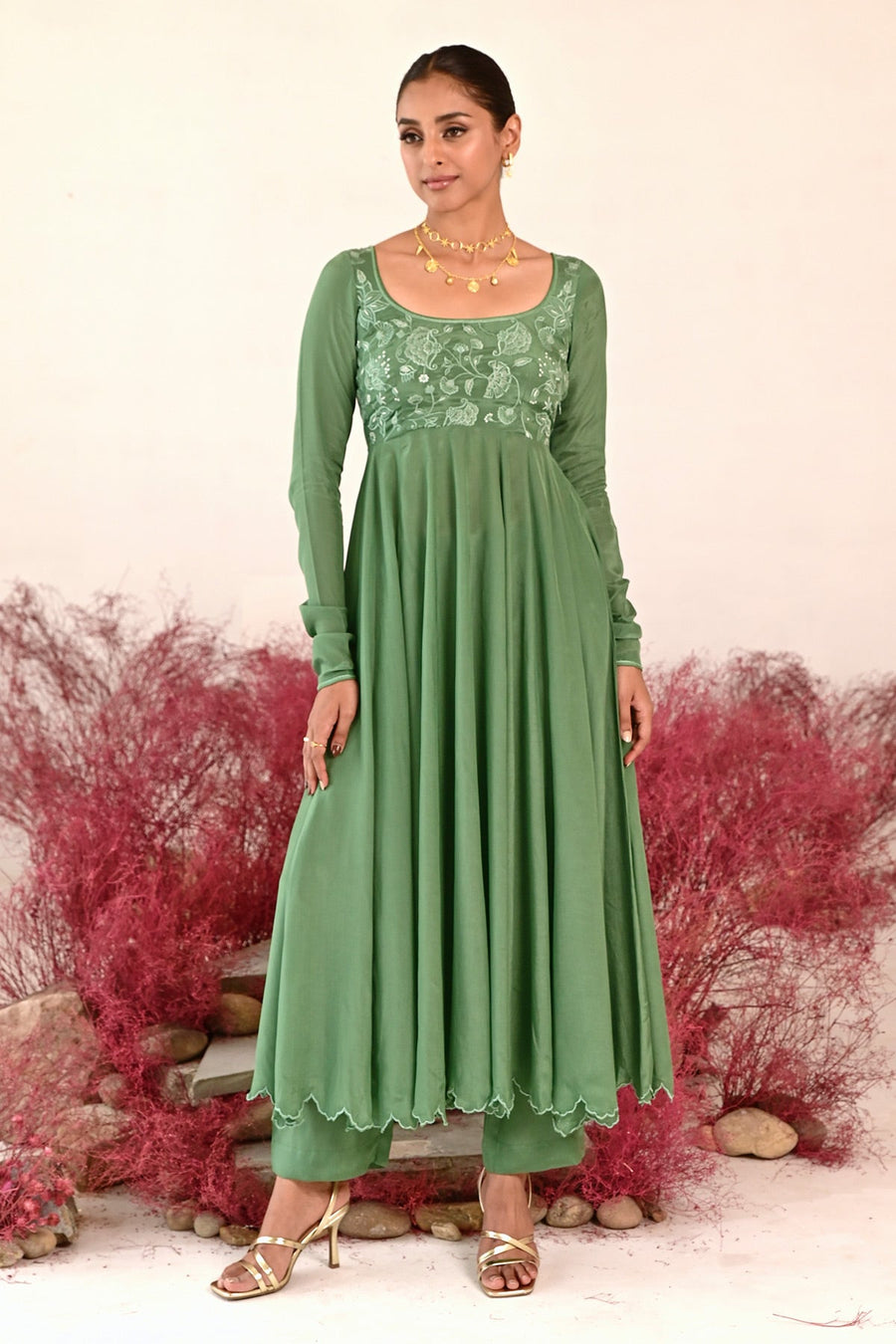 WOMEN'S GREEN CREPE MANOHARI ANARKALI KURTA