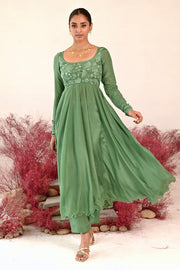 WOMEN'S GREEN CREPE MANOHARI ANARKALI KURTA