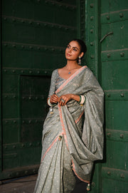 WOMEN'S GREEN CHANDERI SUNEHRI SAREE SET