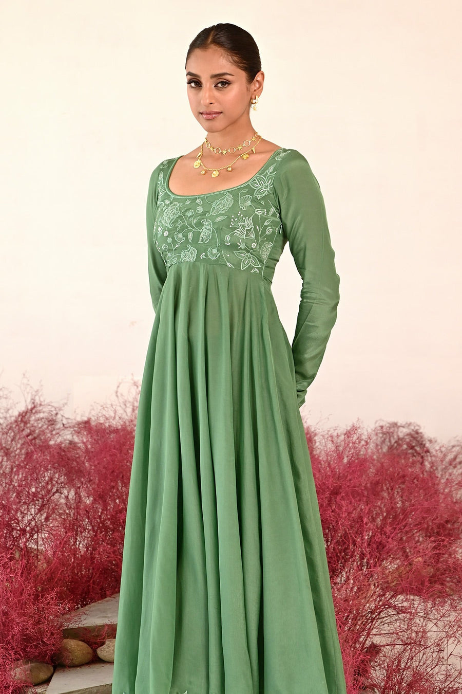 WOMEN'S GREEN CREPE MANOHARI ANARKALI KURTA