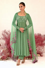 WOMEN'S GREEN CREPE & ORGANZA MANOHARI ANARKALI SET