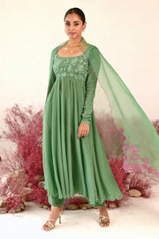 WOMEN'S GREEN CREPE & ORGANZA MANOHARI ANARKALI SET