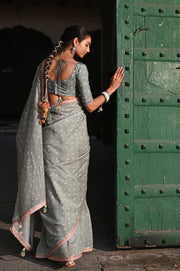 WOMEN'S GREEN CHANDERI SUNEHRI SAREE SET