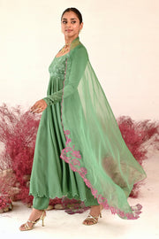 WOMEN'S GREEN CREPE & ORGANZA MANOHARI ANARKALI SET