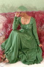 WOMEN'S GREEN CREPE & ORGANZA MANOHARI ANARKALI SET