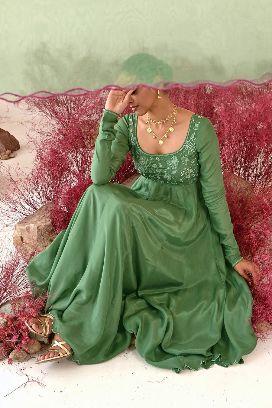 WOMEN'S GREEN CREPE MANOHARI ANARKALI KURTA