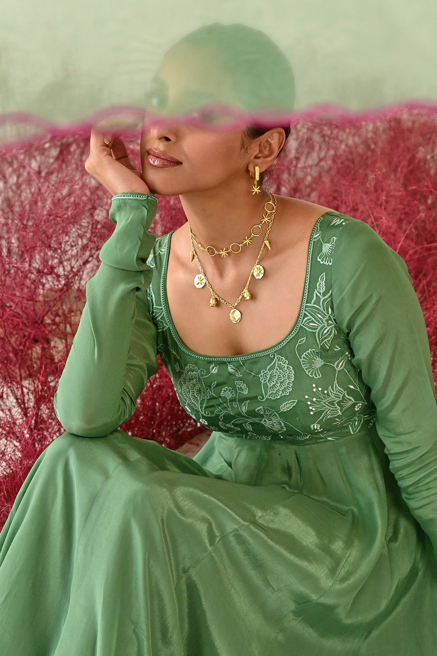 WOMEN'S GREEN CREPE MANOHARI ANARKALI KURTA