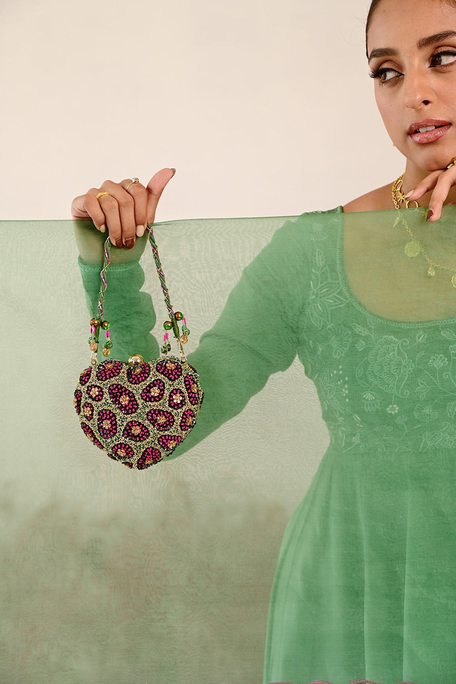 WOMEN'S GREEN CREPE & ORGANZA MANOHARI ANARKALI SET