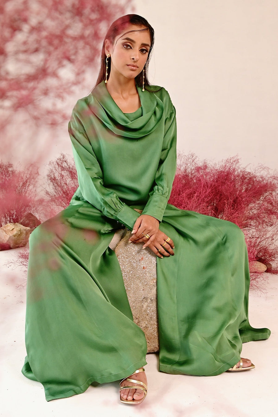 WOMEN'S GREEN SATIN ORGANZA MUSAFIRR CO-ORD SET