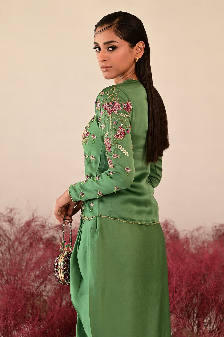 WOMEN'S GREEN SATIN ORGANZA ZARINA CO-ORD SET