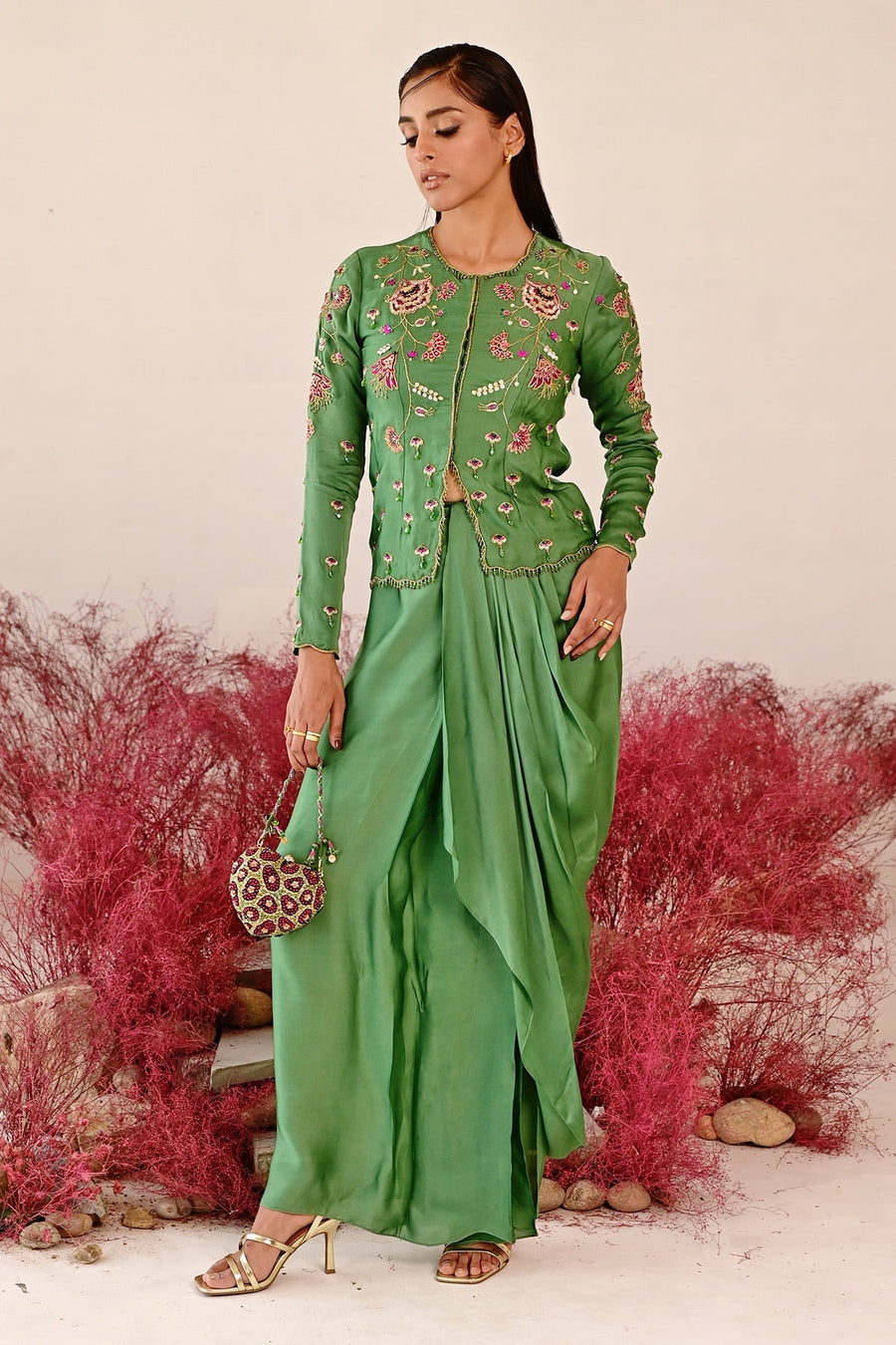 WOMEN'S GREEN SATIN ORGANZA ZARINA CO-ORD SET