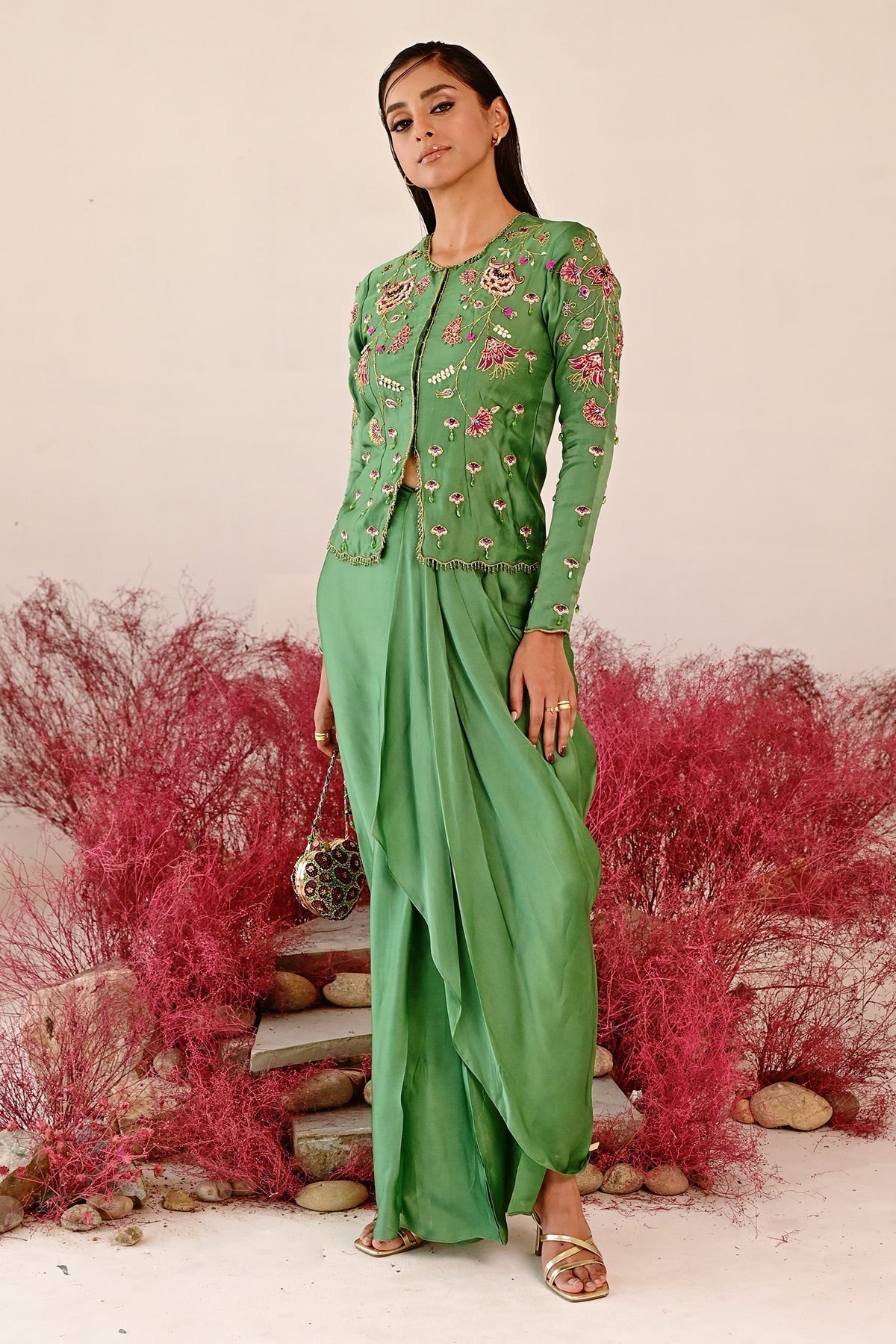 WOMEN'S GREEN SATIN ORGANZA ZARINA CO-ORD SET