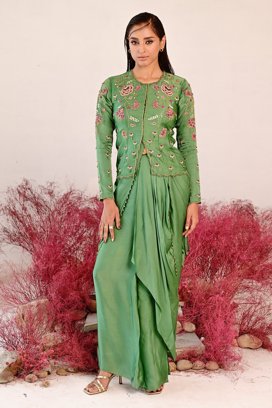 WOMEN'S GREEN SATIN ORGANZA ZARINA CO-ORD SET