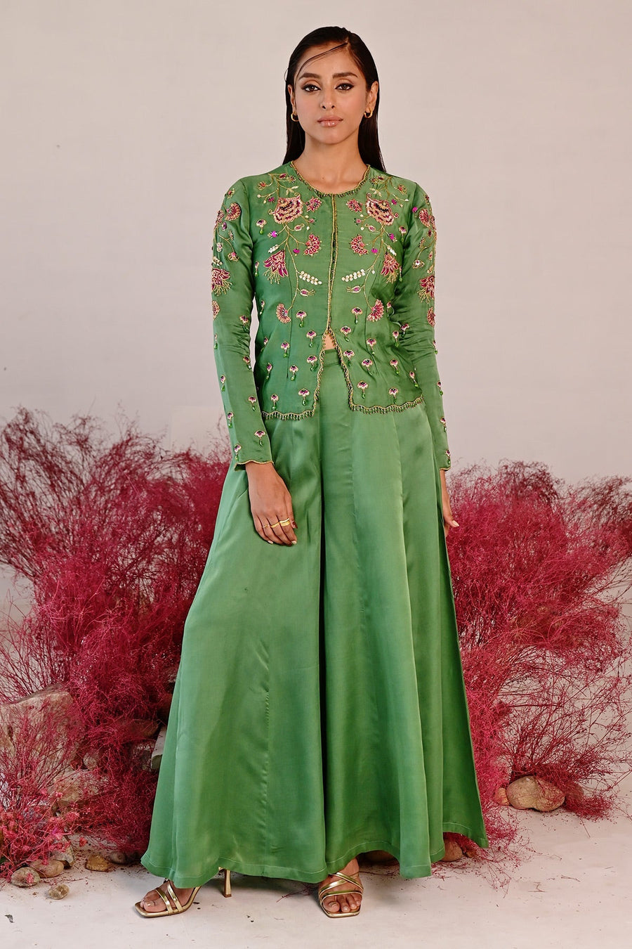 WOMEN'S GREEN SATIN ORGANZA SARANGZ CO-ORD SET