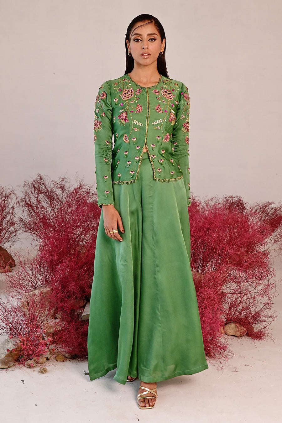 WOMEN'S GREEN SATIN ORGANZA SARANGZ CO-ORD SET