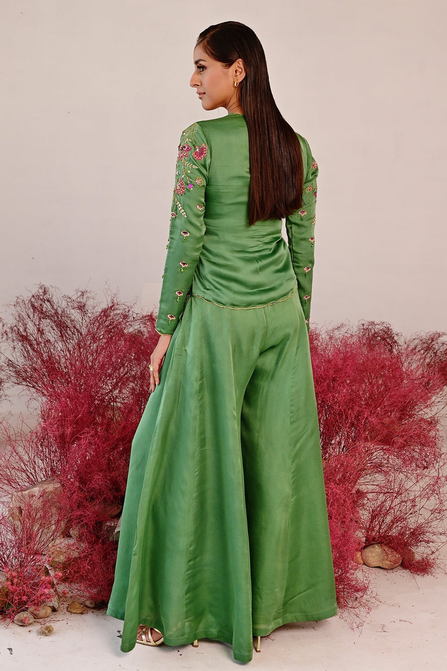 WOMEN'S GREEN SATIN ORGANZA SARANGZ CO-ORD SET