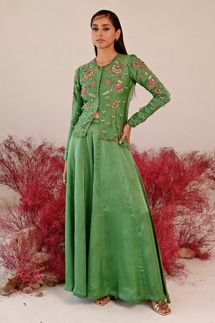 WOMEN'S GREEN SATIN ORGANZA SARANGZ CO-ORD SET