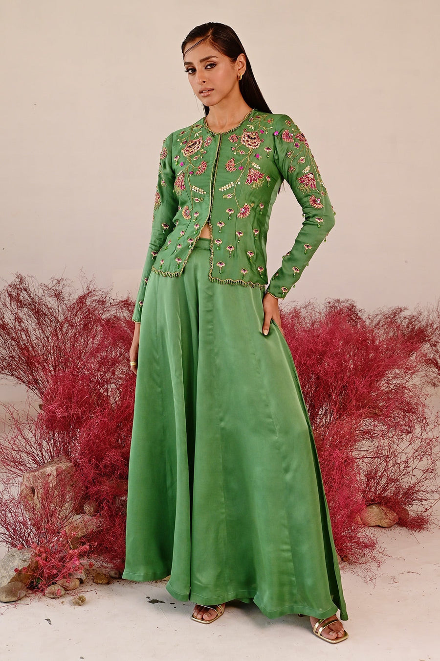 WOMEN'S GREEN SATIN ORGANZA SARANGZ CO-ORD SET