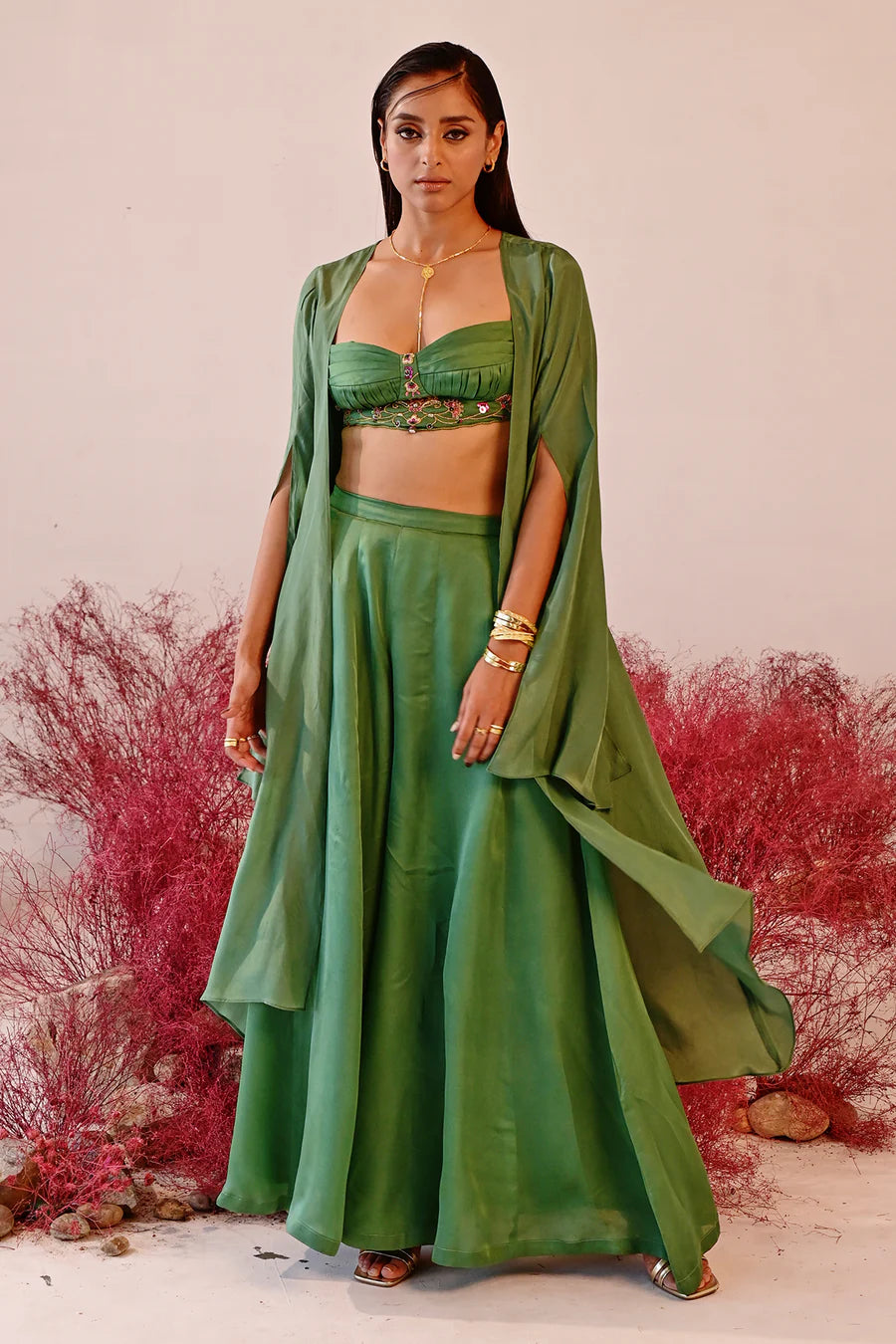 WOMEN'S GREEN CREPE & SATIN ORGANZA ISHRAT CHOGA SET