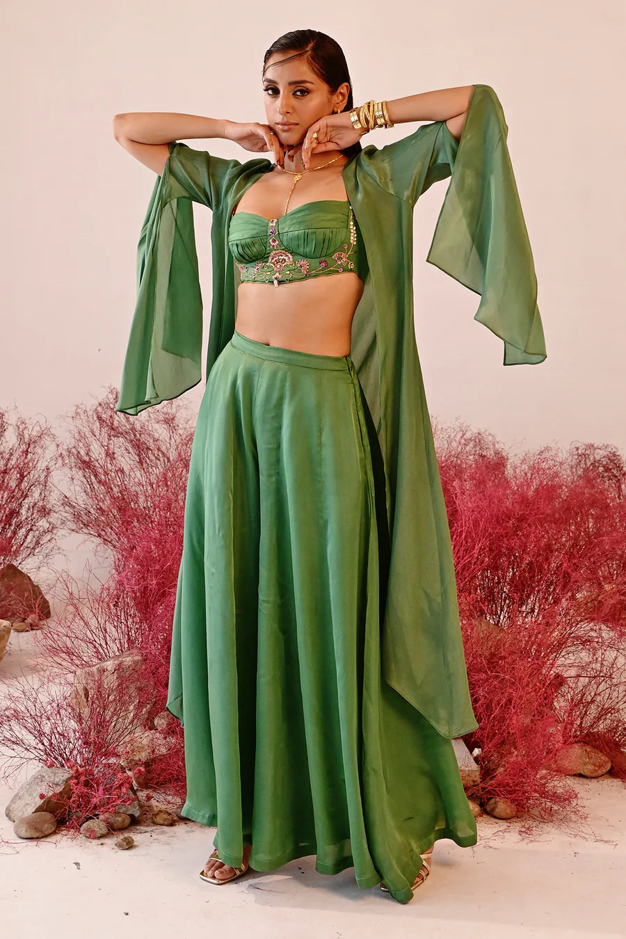 WOMEN'S GREEN CREPE & SATIN ORGANZA ISHRAT CHOGA SET