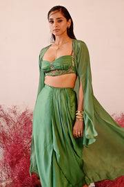 WOMEN'S GREEN CREPE & SATIN ORGANZA REHANA CHOGA SET