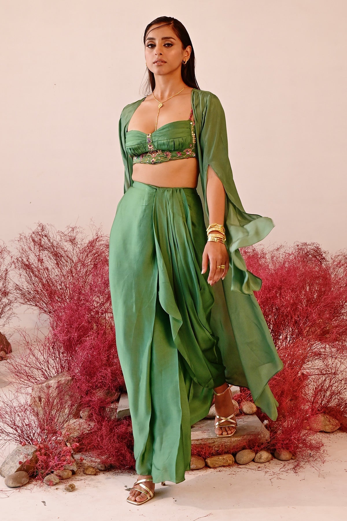 WOMEN'S GREEN CREPE & SATIN ORGANZA REHANA CHOGA SET
